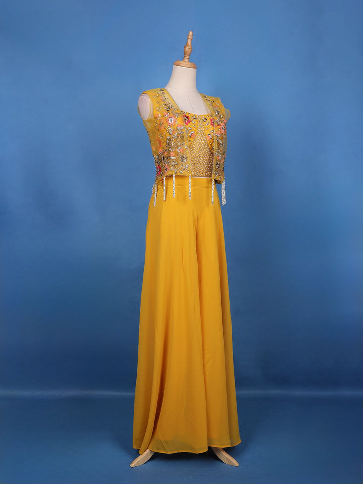 Mustard Yellow Floral Sequins Embroidery Palazzo Suit - Diadem