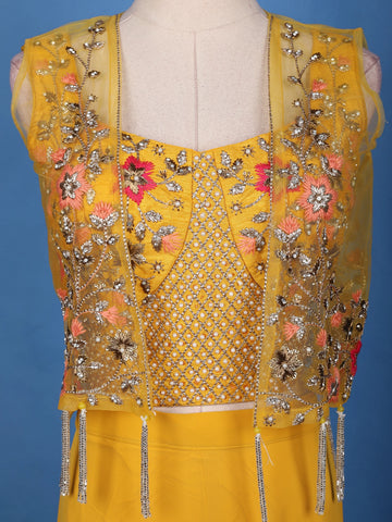 Mustard Yellow Floral Sequins Embroidery Palazzo Suit - Diadem