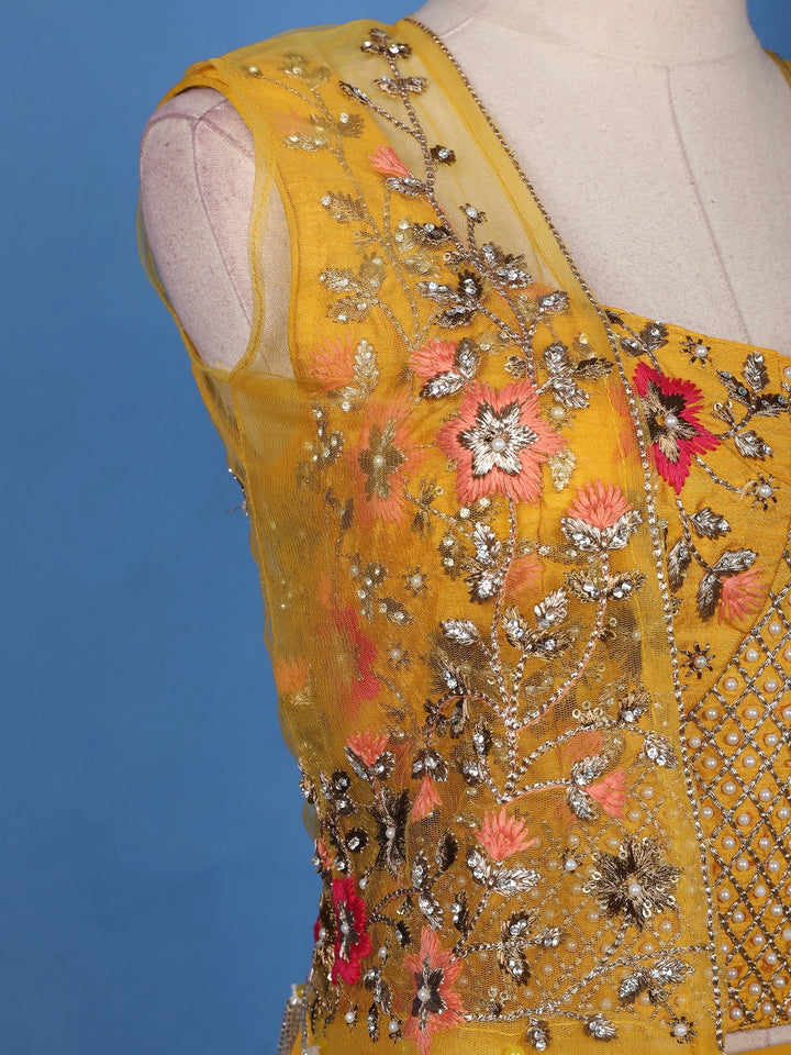 Mustard Yellow Floral Sequins Embroidery Palazzo Suit - Diadem