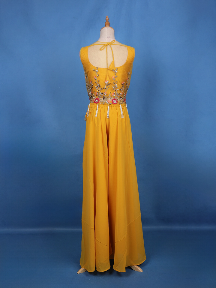 Mustard Yellow Floral Sequins Embroidery Palazzo Suit - Diadem
