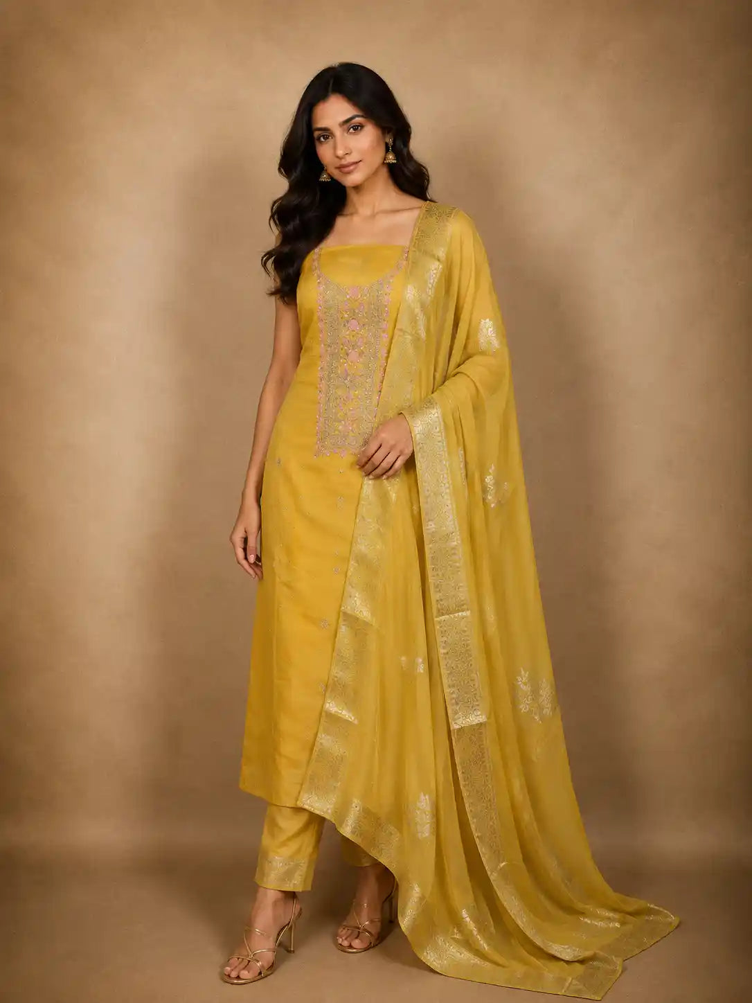 Mustard Yellow Floral Sequins and Zardozi Embroidered Design Tissue Unstitched Salwar Material with Dupatta