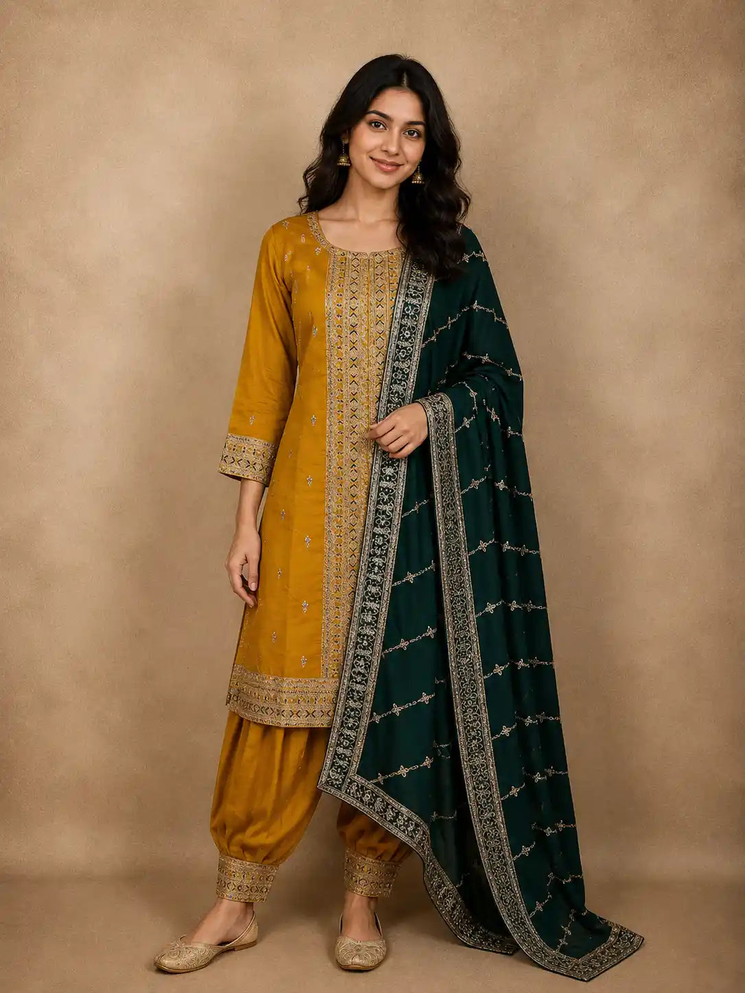 Mustard Yellow Floral Zari Embroidered Design Silk Salwar Suit with Contrast Green Dupatta