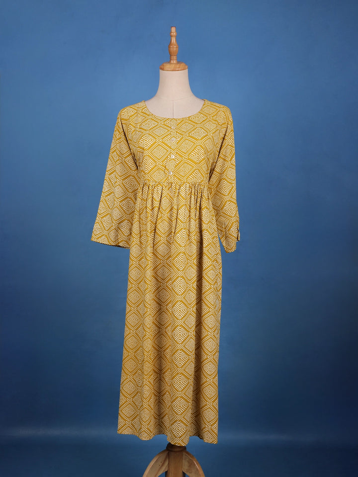 Mustard Yellow Geometric Design Printed Cotton Kurti - Diadem