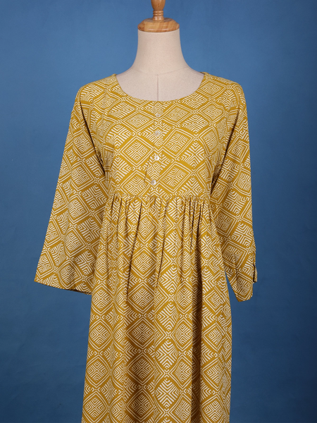 Mustard Yellow Geometric Design Printed Cotton Kurti - Diadem