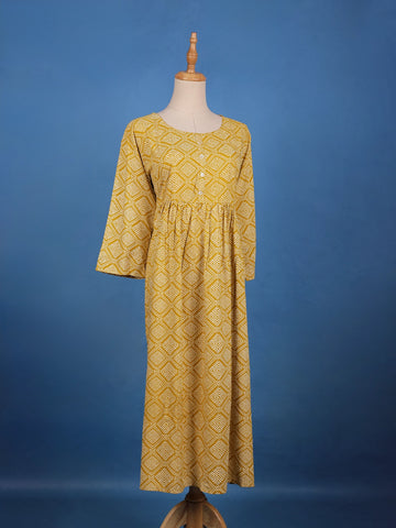 Mustard Yellow Geometric Design Printed Cotton Kurti - Diadem
