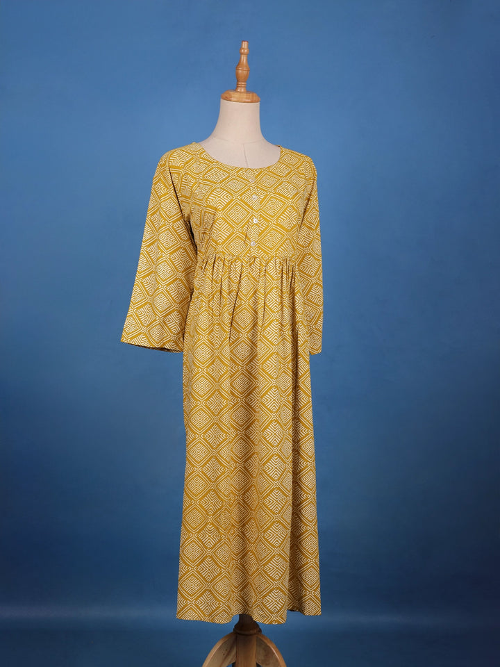 Mustard Yellow Geometric Design Printed Cotton Kurti - Diadem