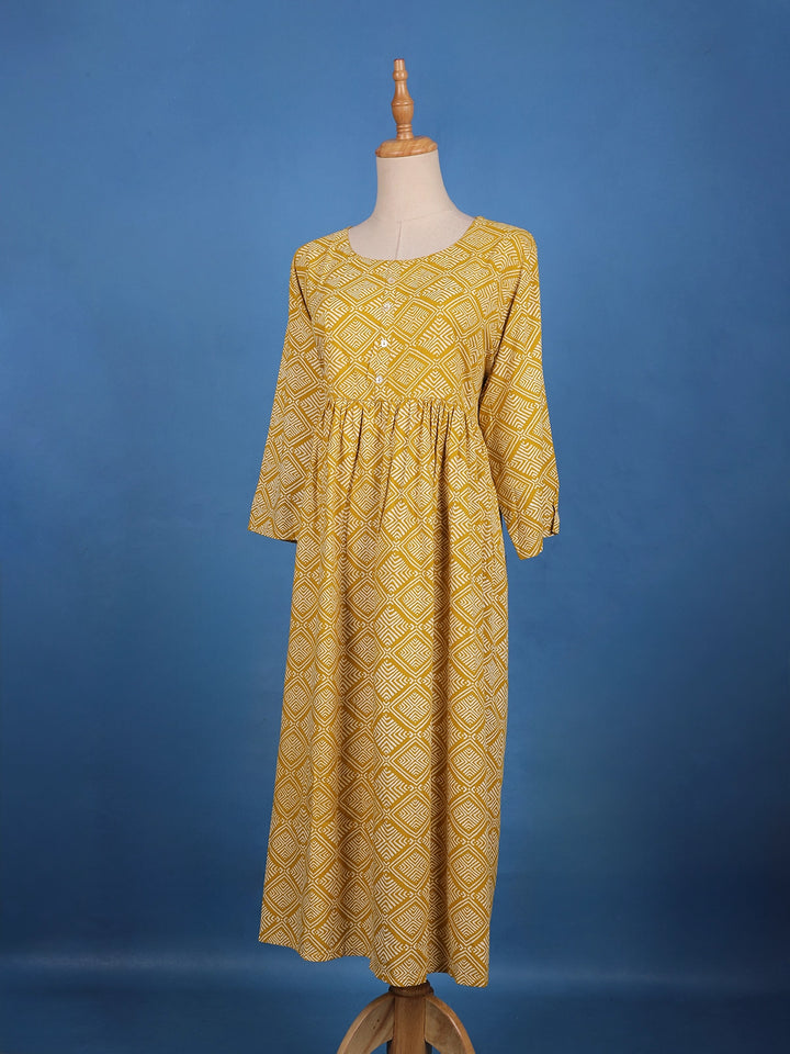 Mustard Yellow Geometric Design Printed Cotton Kurti - Diadem
