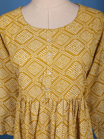 Mustard Yellow Geometric Design Printed Cotton Kurti - Diadem