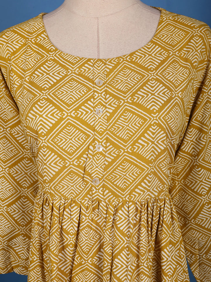 Mustard Yellow Geometric Design Printed Cotton Kurti - Diadem