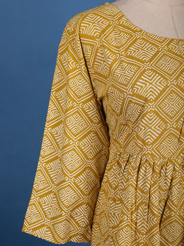 Mustard Yellow Geometric Design Printed Cotton Kurti - Diadem
