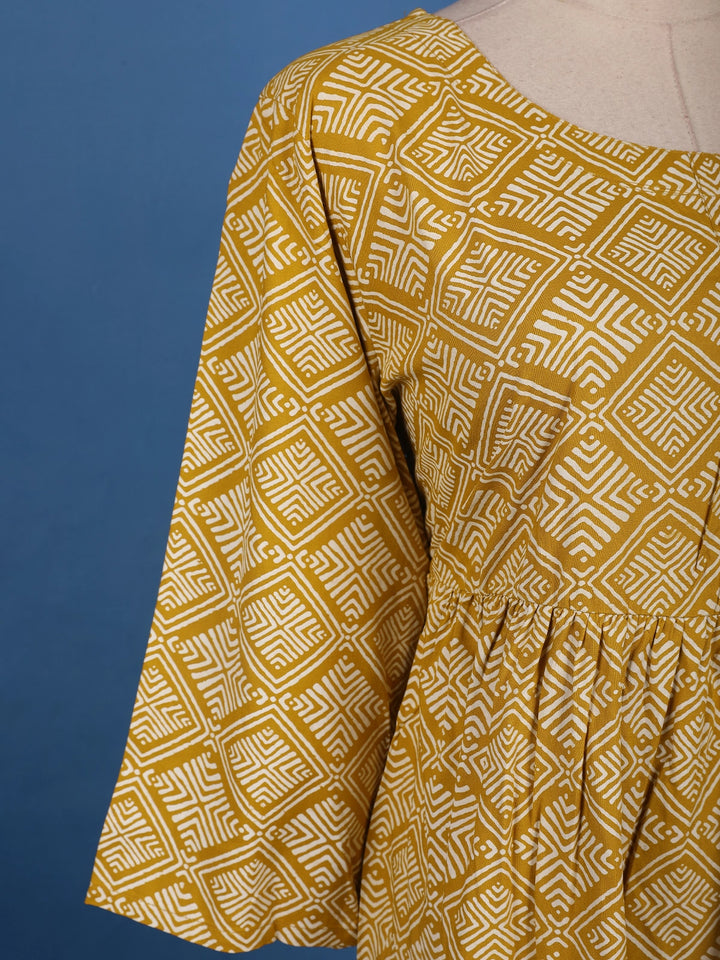 Mustard Yellow Geometric Design Printed Cotton Kurti - Diadem