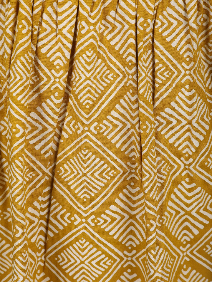 Mustard Yellow Geometric Design Printed Cotton Kurti - Diadem
