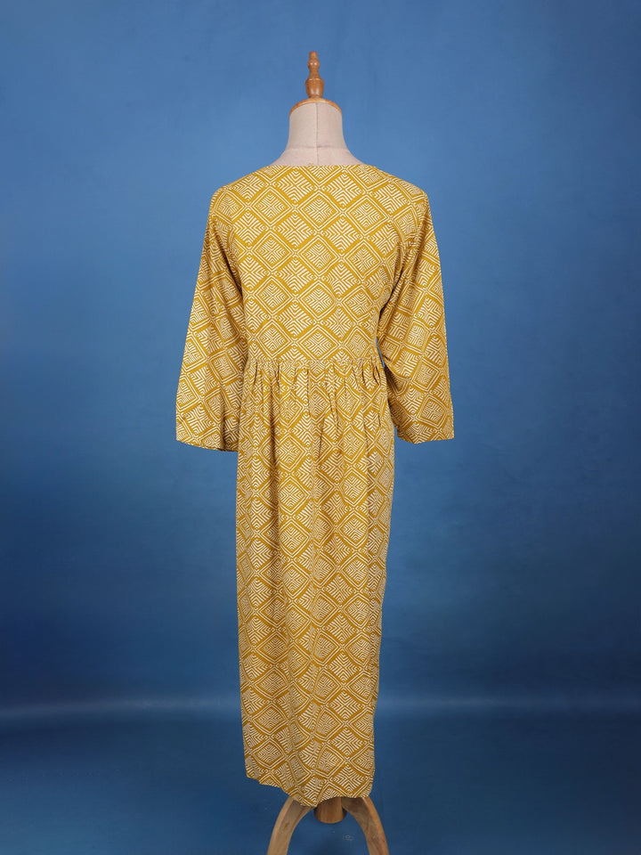 Mustard Yellow Geometric Design Printed Cotton Kurti - Diadem