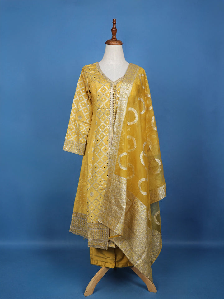 Mustard Yellow Geometric Mirror Embroidery Georgette Salwar Suit - Diadem