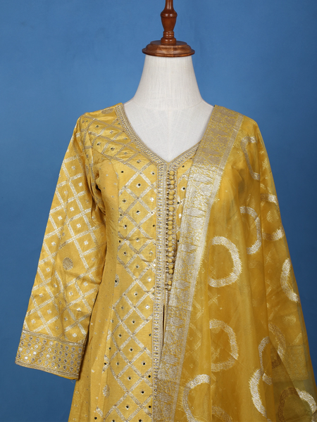 Mustard Yellow Geometric Mirror Embroidery Georgette Salwar Suit - Diadem