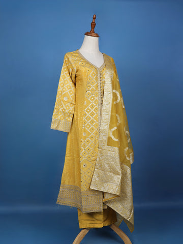 Mustard Yellow Geometric Mirror Embroidery Georgette Salwar Suit - Diadem