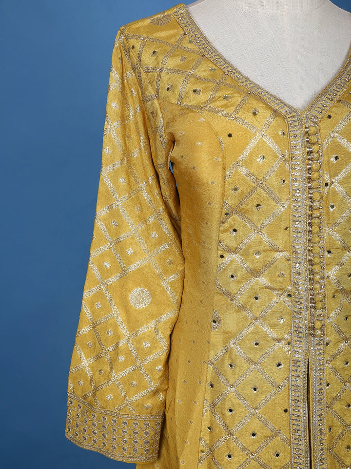 Mustard Yellow Geometric Mirror Embroidery Georgette Salwar Suit - Diadem