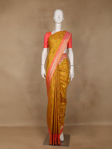 Mustard Yellow Geometric Motif pattern Silk Saree - Diadem