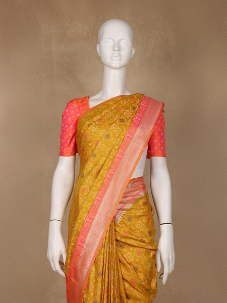 Mustard Yellow Geometric Motif pattern Silk Saree - Diadem