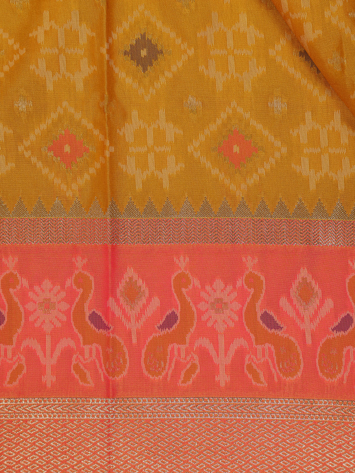 Mustard Yellow Geometric Motif pattern Silk Saree - Diadem