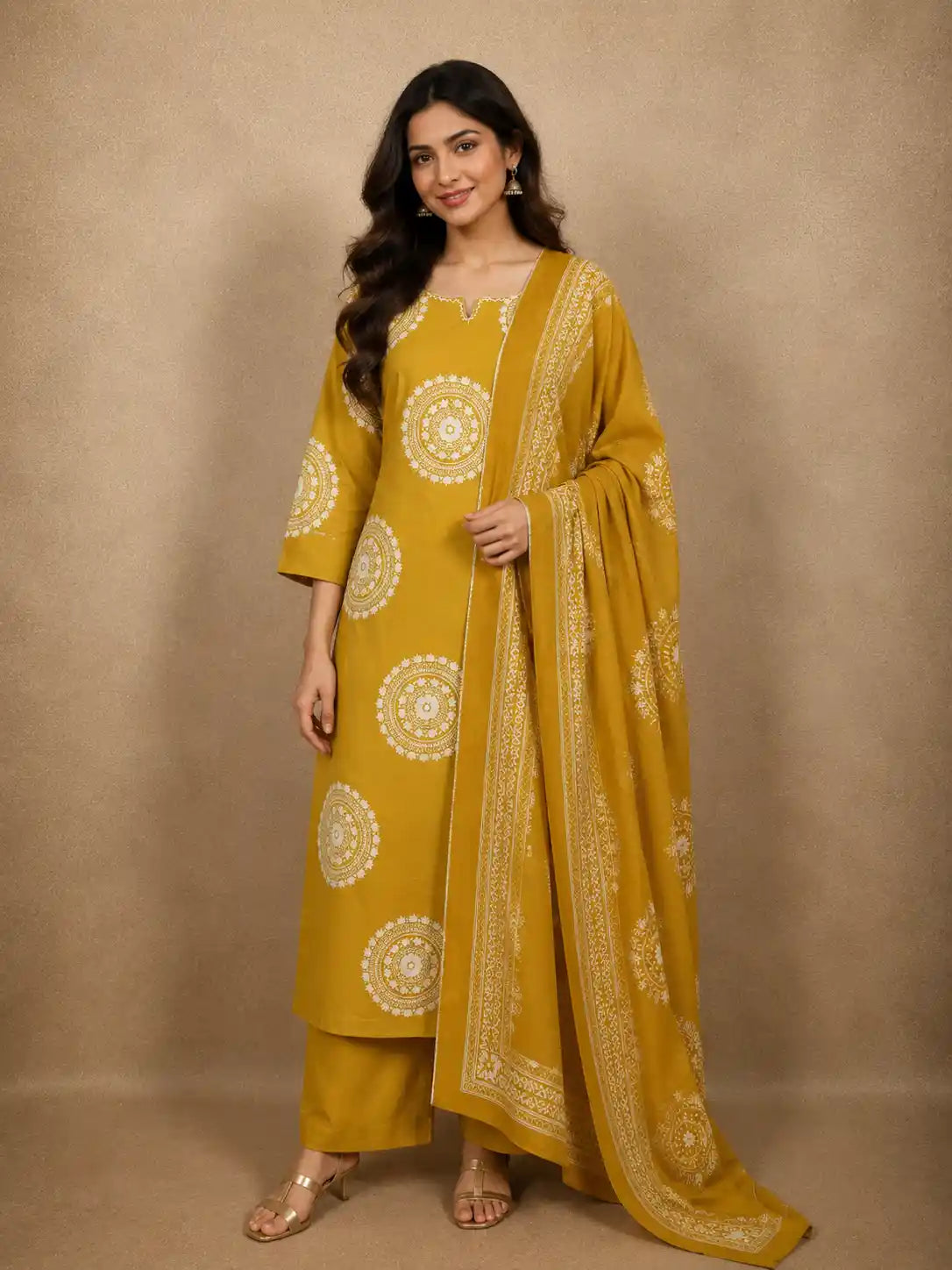 Mustard Yellow Geometric Printed Design Cotton Salwar Suit with Dupatta