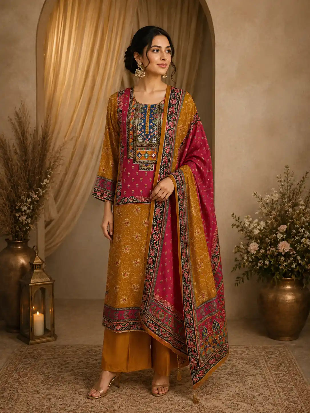 Mustard Yellow Geometric Printed  Design Crepe Straight Cut Salwar Suit with Dupatta