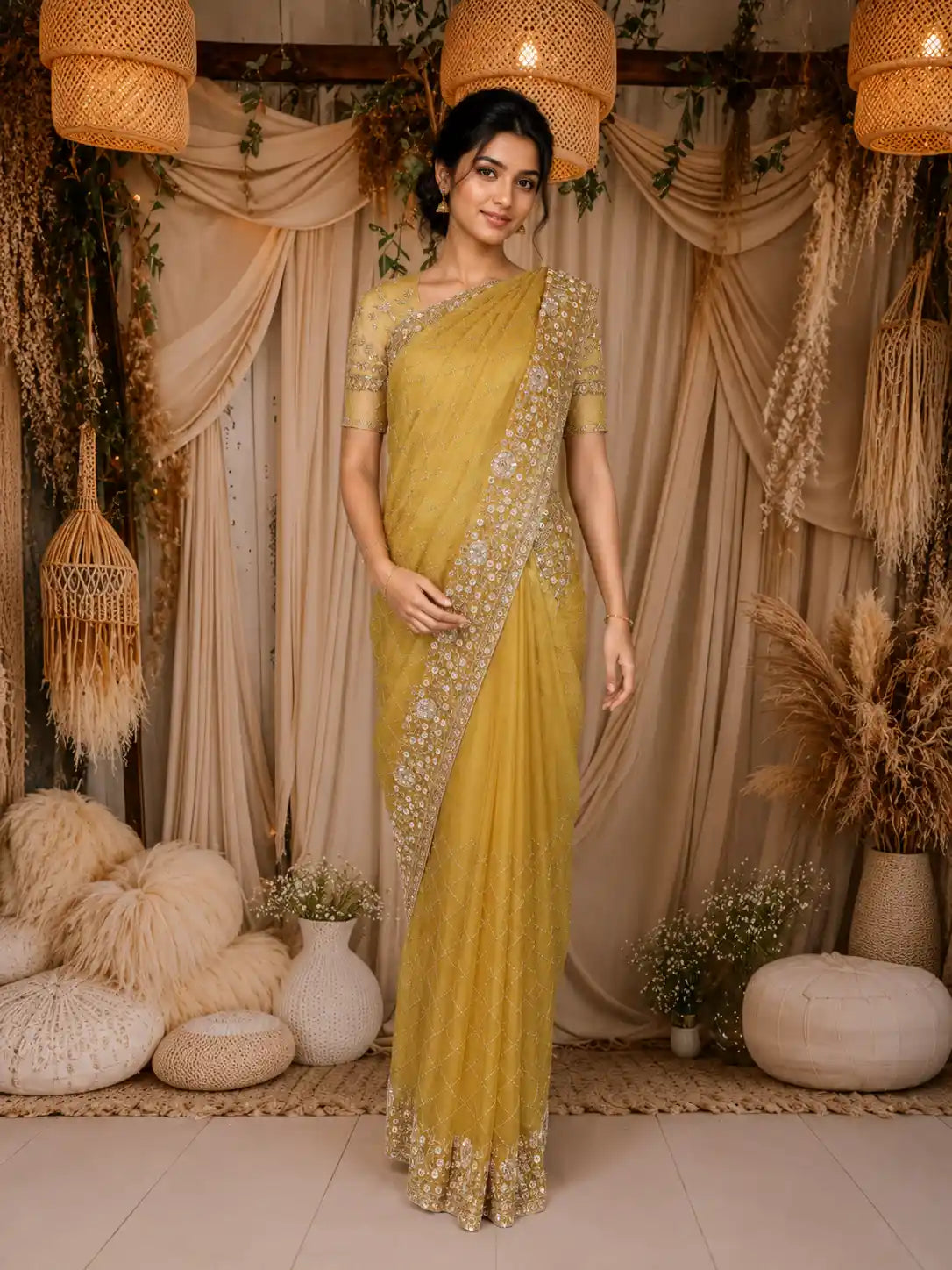 Mustard Yellow Heavy Sequins and Beads Embroidered Design Net Designer Saree