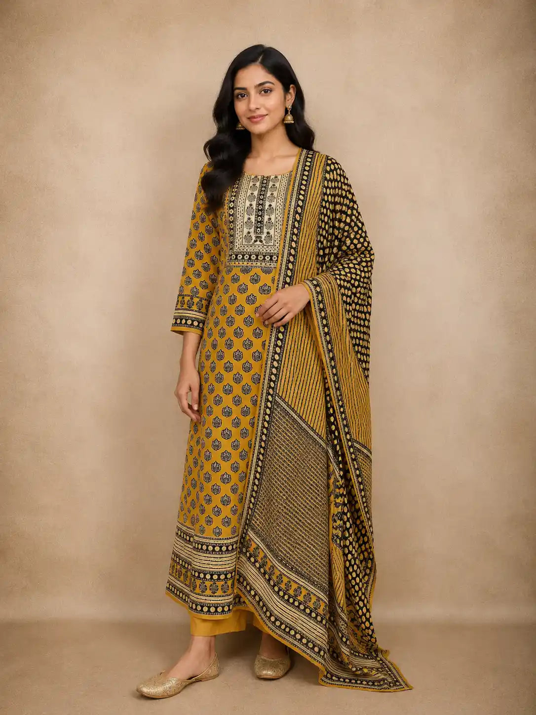 Mustard Yellow Kashmiri Floral Printed Design Crepe Straight Cut Salwar Suit with Dupatta