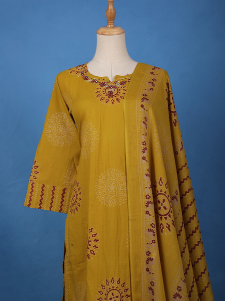 Mustard Yellow Mandala Print Cotton Salwar Suit - Diadem