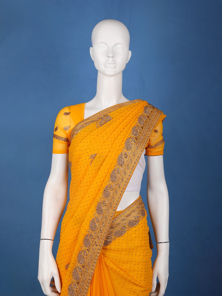 Mustard Yellow Paisley Embroidered Chiffon Saree - Diadem