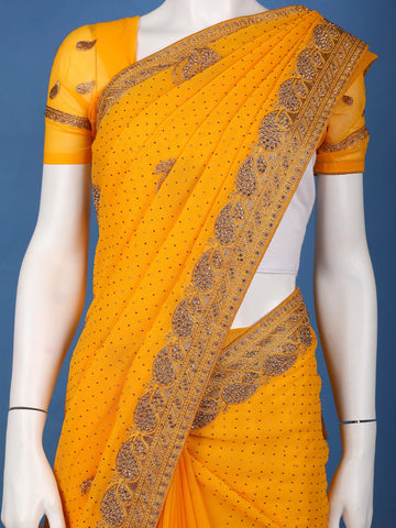 Mustard Yellow Paisley Embroidered Chiffon Saree - Diadem