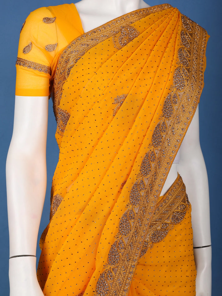 Mustard Yellow Paisley Embroidered Chiffon Saree - Diadem