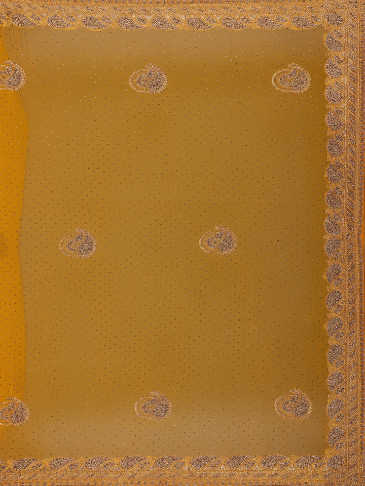 Mustard Yellow Paisley Embroidered Chiffon Saree - Diadem