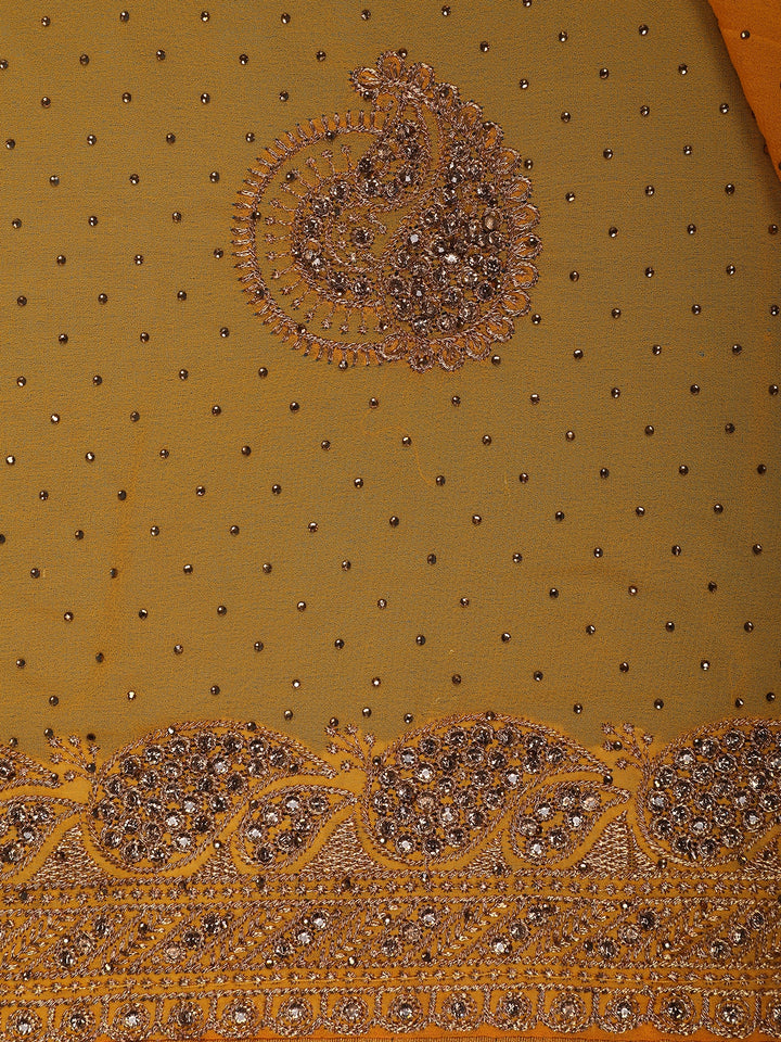 Mustard Yellow Paisley Embroidered Chiffon Saree - Diadem