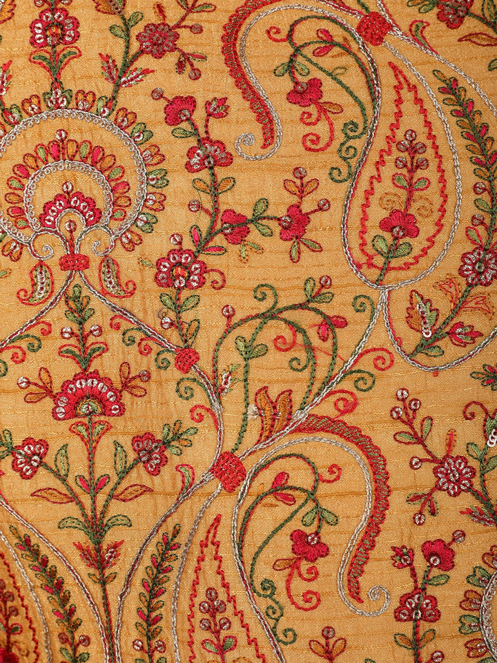 Mustard Yellow Paisley & Floral Multicolor Embroidered Jacquard Sherwani Suit - Diadem