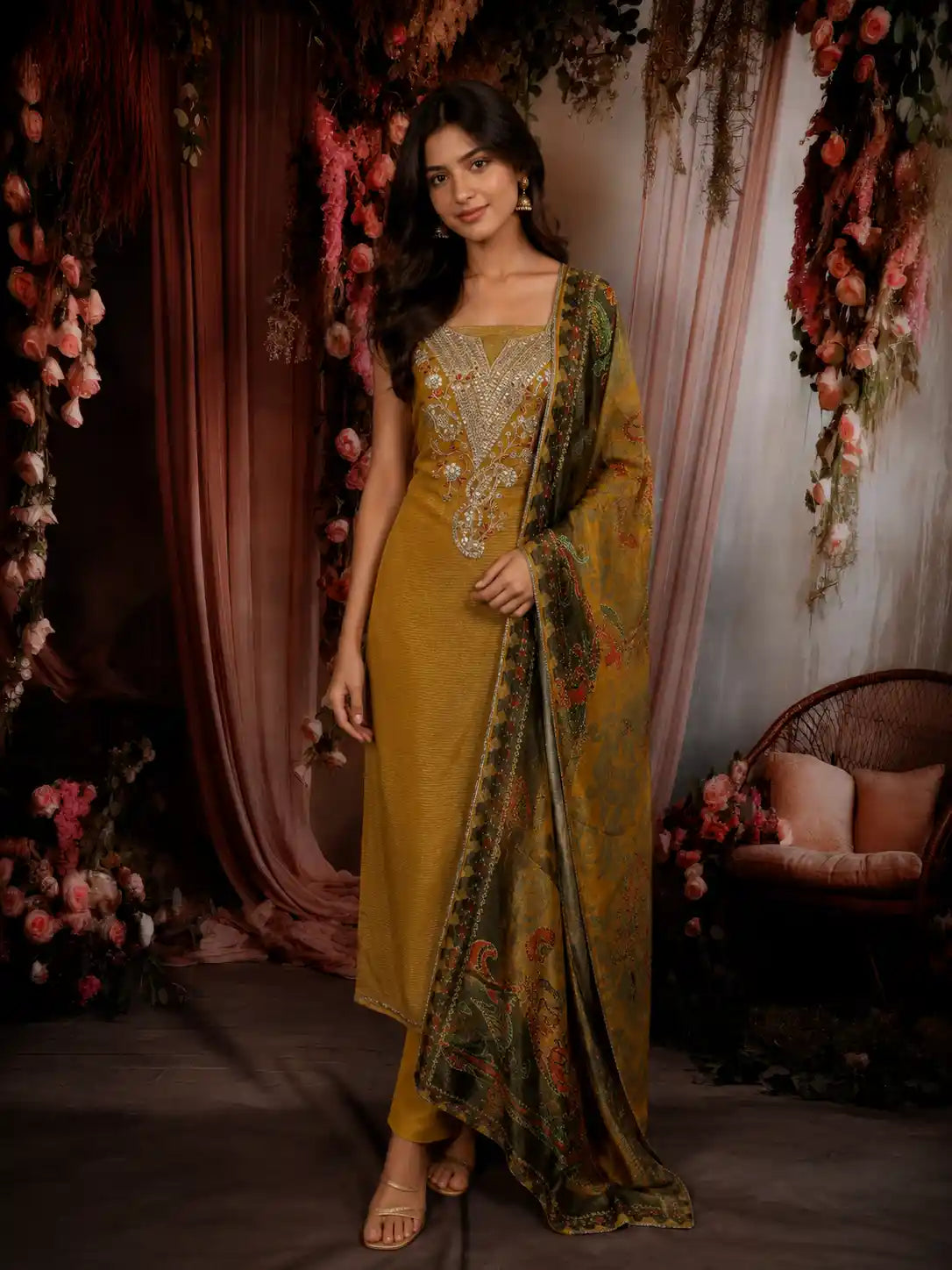 Mustard Yellow Paisley Sequins Embroidered Design Tissue Unstitched Salwar Material with Dupatta