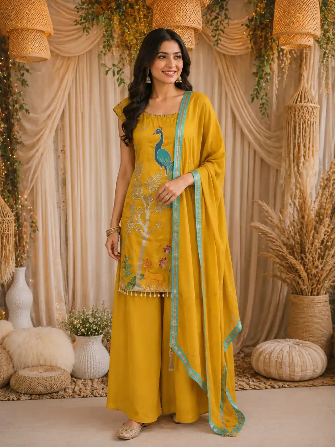 Mustard Yellow Peacock and Deer Embroidered Design Silk Palazzo Suit with Dupatta