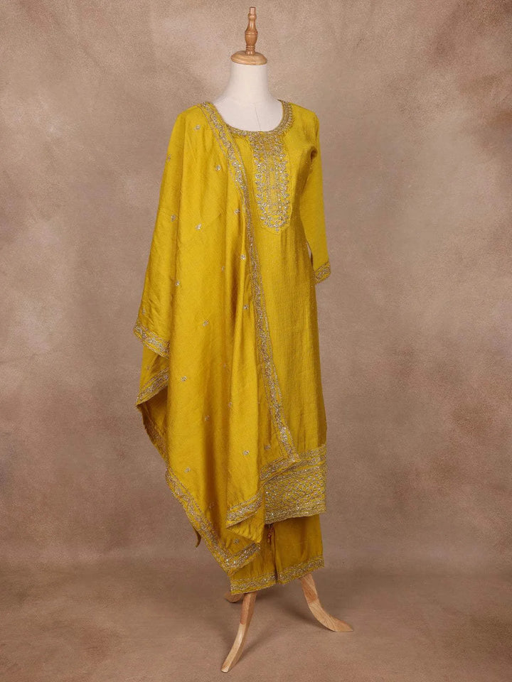 Mustard Yellow Semi Silk Embroidery Salwar Suit - Diadem