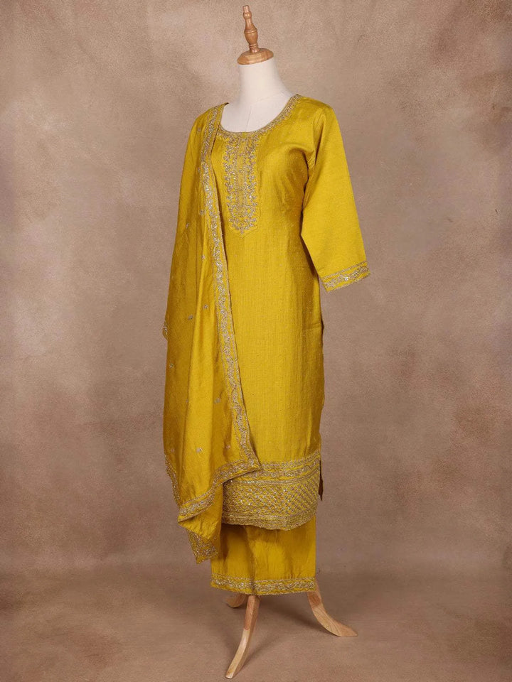 Mustard Yellow Semi Silk Embroidery Salwar Suit - Diadem