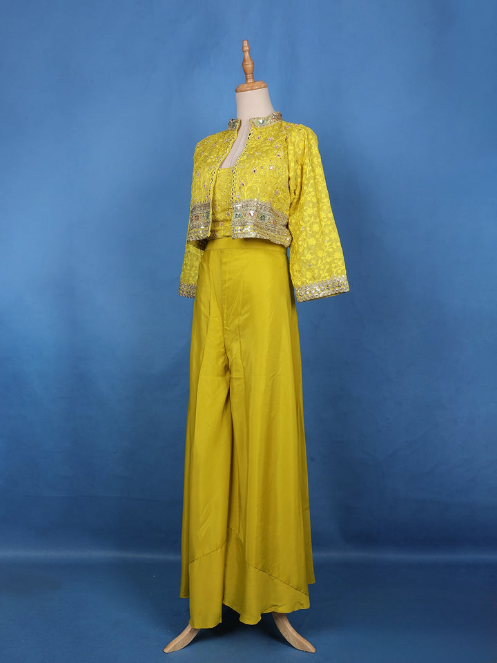 Mustard Yellow Sequins Embroidered Georgette Palazzo Suit - Diadem