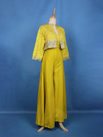 Mustard Yellow Sequins Embroidered Georgette Palazzo Suit - Diadem