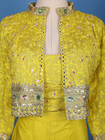 Mustard Yellow Sequins Embroidered Georgette Palazzo Suit - Diadem