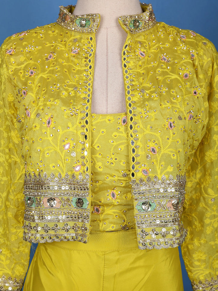 Mustard Yellow Sequins Embroidered Georgette Palazzo Suit - Diadem