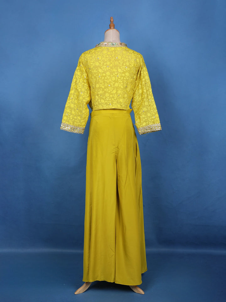 Mustard Yellow Sequins Embroidered Georgette Palazzo Suit - Diadem