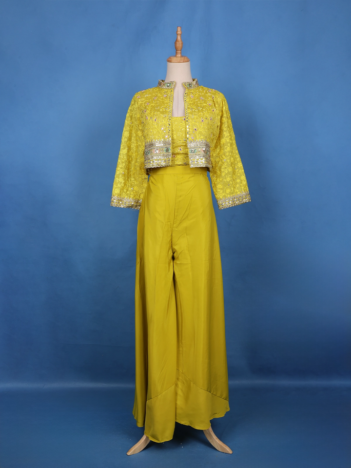 Mustard Yellow Sequins Embroidered Georgette Palazzo Suit - Diadem
