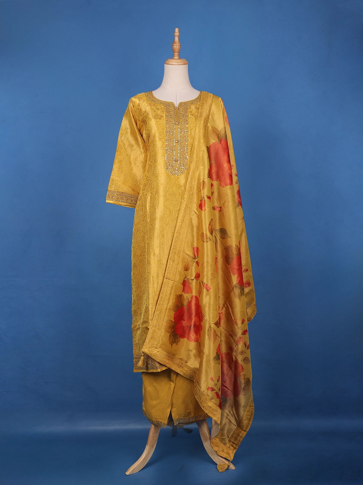 Mustard Yellow Sequins and Bead Embellished Tissue Banarasi Salwar Suit - Diadem