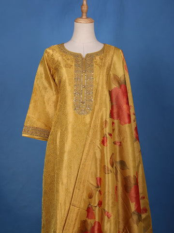 Mustard Yellow Sequins and Bead Embellished Tissue Banarasi Salwar Suit - Diadem