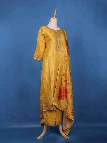 Mustard Yellow Sequins and Bead Embellished Tissue Banarasi Salwar Suit - Diadem