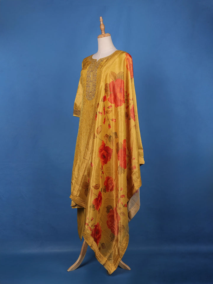 Mustard Yellow Sequins and Bead Embellished Tissue Banarasi Salwar Suit - Diadem