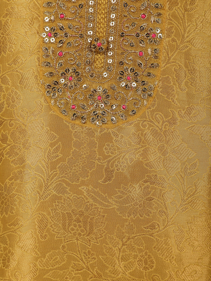 Mustard Yellow Sequins and Bead Embellished Tissue Banarasi Salwar Suit - Diadem